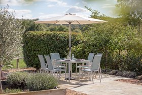 Bramblecrest Sofia 165 x 95cm Rectangle Table with 6 Deluxe Armchairs, Parasol & Base - Blue