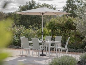 Bramblecrest Sofia 165 x 95cm Rectangle Table with 6 Deluxe Armchairs, Parasol & Base - Green