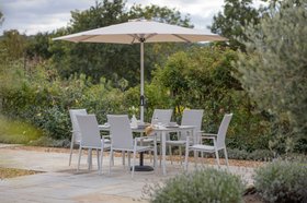 Bramblecrest Sofia 165 x 95cm Rectangle Table with 6 Deluxe Armchairs, Parasol & Base - Grey