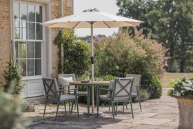 RHS By Bramblecrest Wisley 110cm Round Table With 4 Armchairs, Parasol & Base   Sage