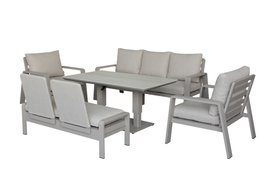 Prague 3 Seat Sofa With Rectangle Piston Adjustable Table, 2 Sofa Chairs & Bench - Latte
