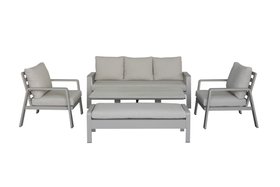 Prague 3 Seat Sofa With Rectangle Piston Adjustable Table, 2 Sofa Chairs & Bench - Latte