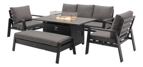Prague 3 Seat Sofa With Rectangle Firepit Table, 2 Sofa Chairs & Bench - Anthracite