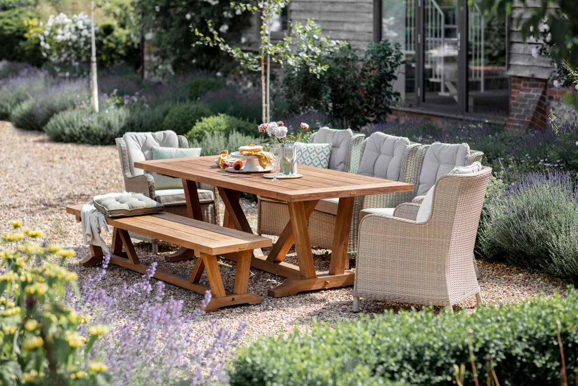 Bramblecrest Kuta Teak Table with 5 Chedworth Chairs and Teak Bench