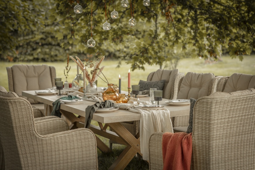 Bramblecrest Chedworth 240 x 100cm Ceramic Top Rectangle Table & 8 High-Back Armchairs - Sandstone