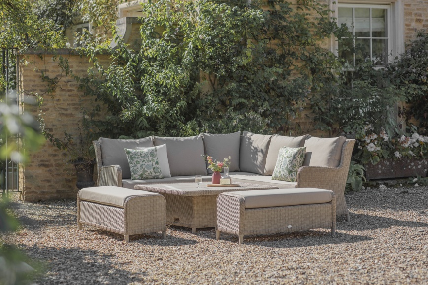 Bramblecrest Chedworth Sandstone Rattan Reclining Corner Sofa With Square Dual Height Table & 2 Benches