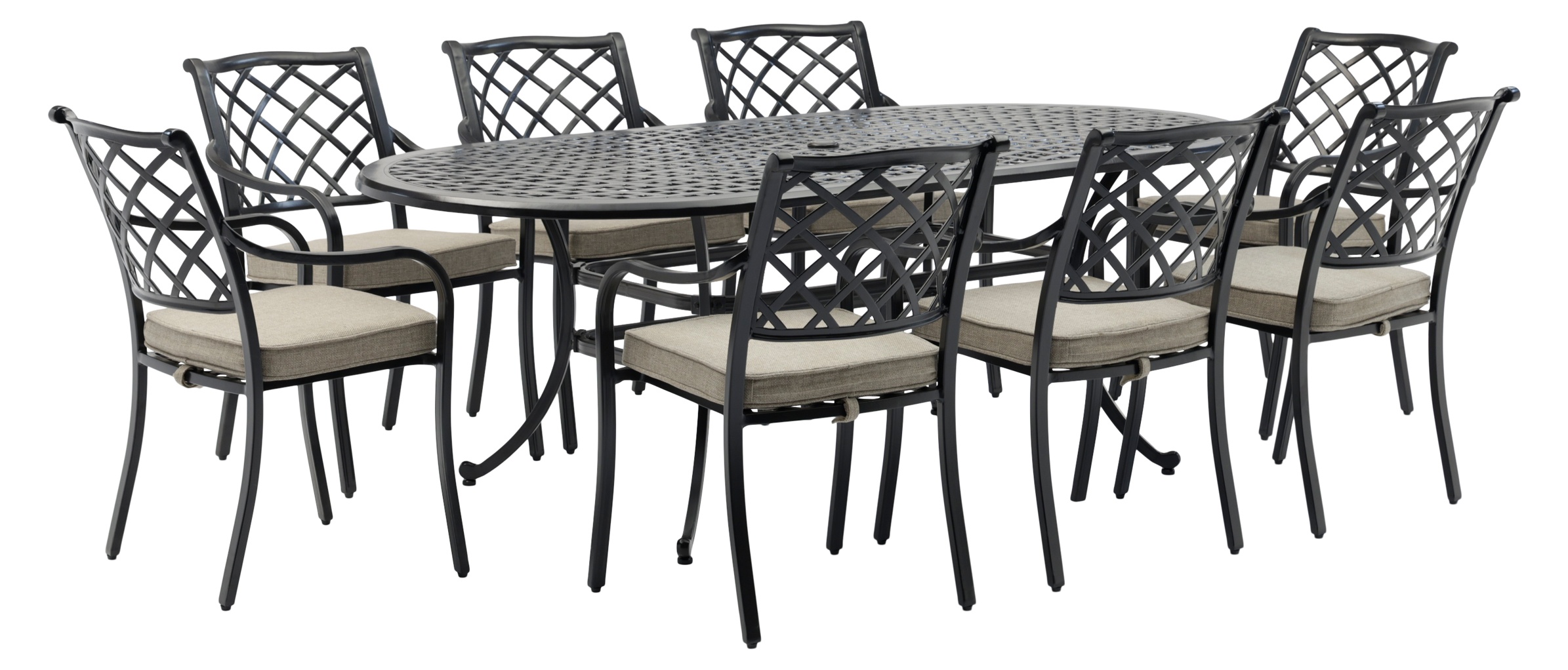 X25BG08 Bridgewater 213 X 108cm Oval Table With 8 Armchairs, Parasol & Base   Black