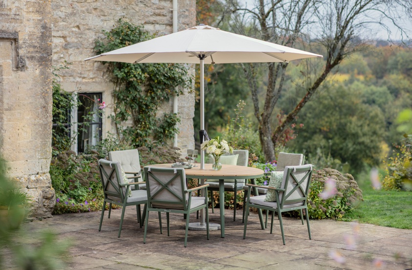 RHS By Bramblecrest Wisley 175 X 120cm Elliptical Table With 6 Armchairs, Parasol & Base   Sage