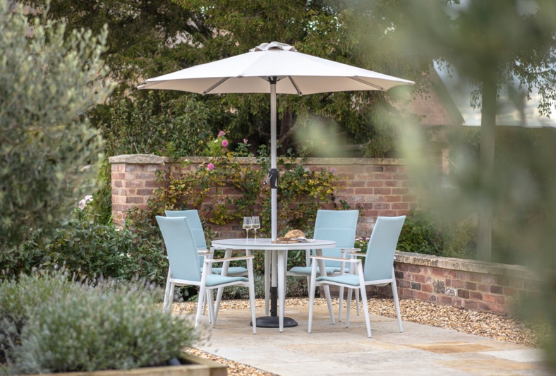 Bramblecrest Sofia 110cm Round Table with 4 Deluxe Armchairs, Parasol & Base - Blue
