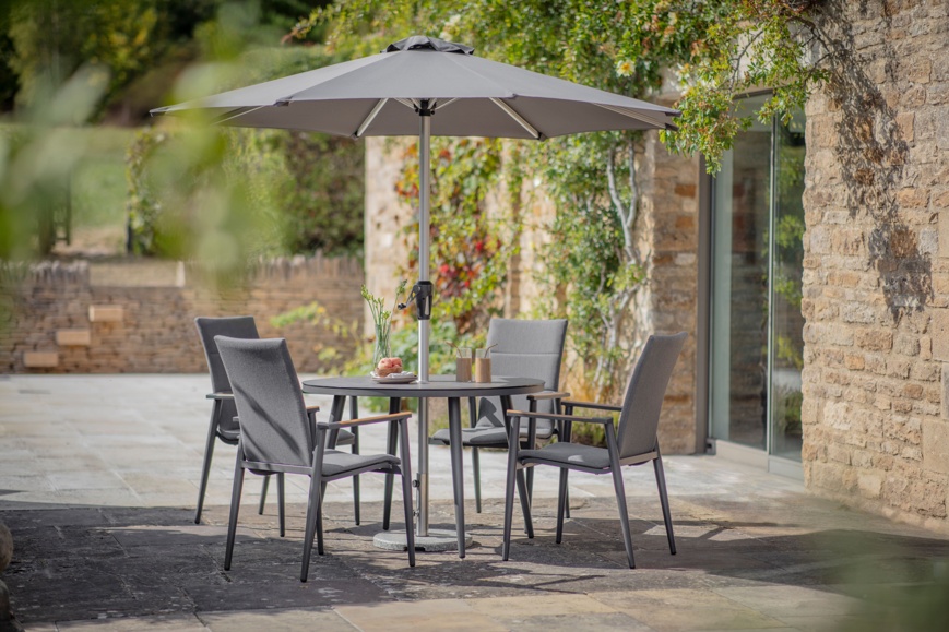 Bramblecrest Sofia 110cm Round Table with 4 Deluxe Armchairs, Parasol & Base - Anthracite