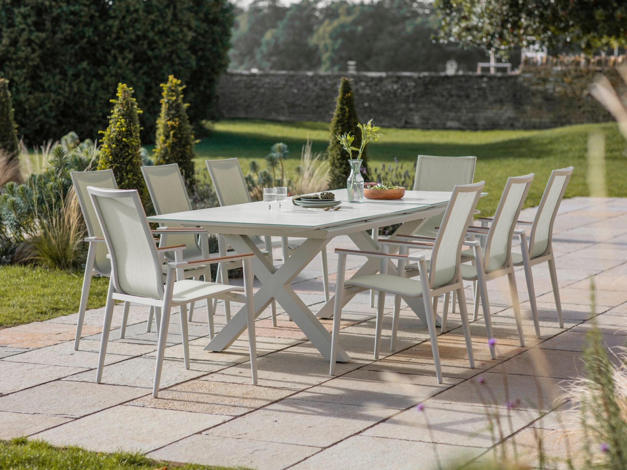 Bramblecrest Sofia 200/260 x 95cm Ext X Frame Rectangle Table with 8 Armchairs - Green