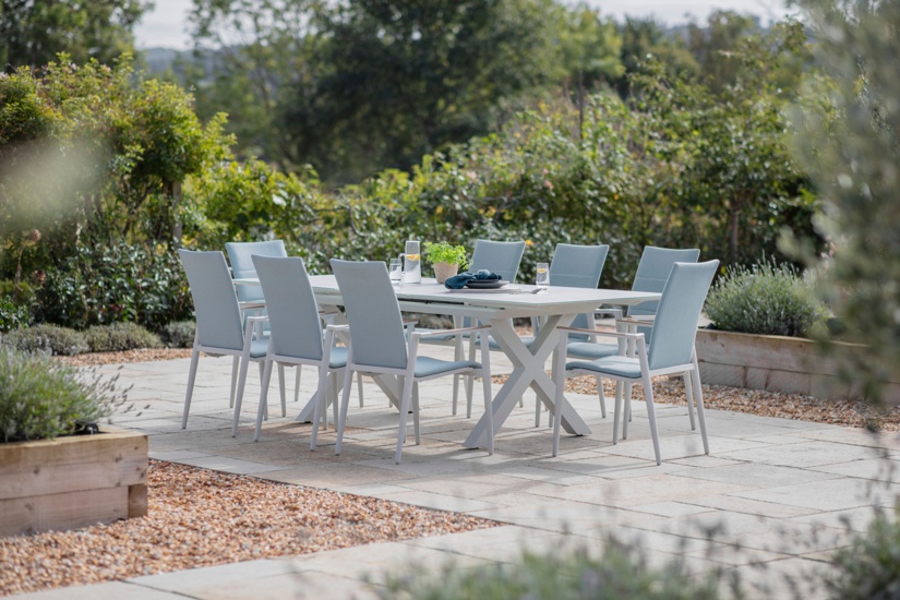 Bramblecrest Sofia 200/260 x 95cm Ext X Frame Rectangle Table with 8 Deluxe Armchairs - Blue