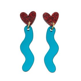 Squiqqly Heart Drop Earrings in Red Glitter and Teal