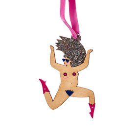 Naked Lady Wooden Hanging Ornament - Silver Glitter Hair