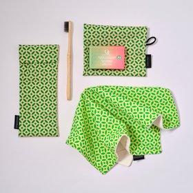 Toothbrush Travel Pouch, Soap Pouch and Face Cloth in Green and Yellow Tile Print