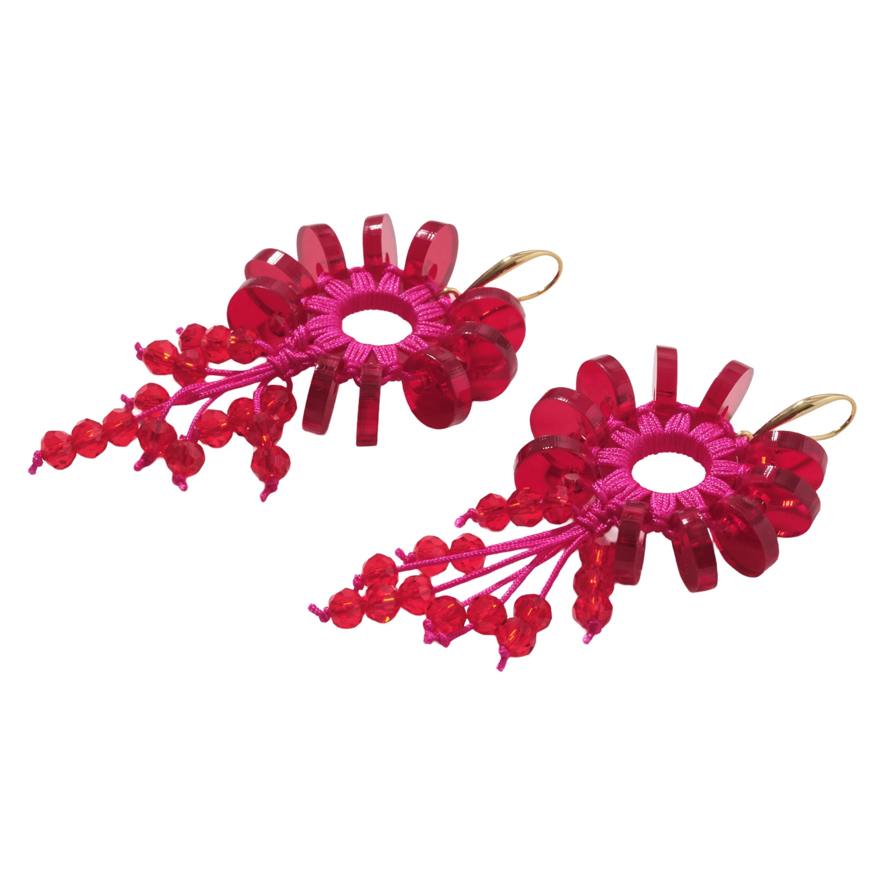 Zinnia Acrylic and Glass Bead Earrings in Pink and Red