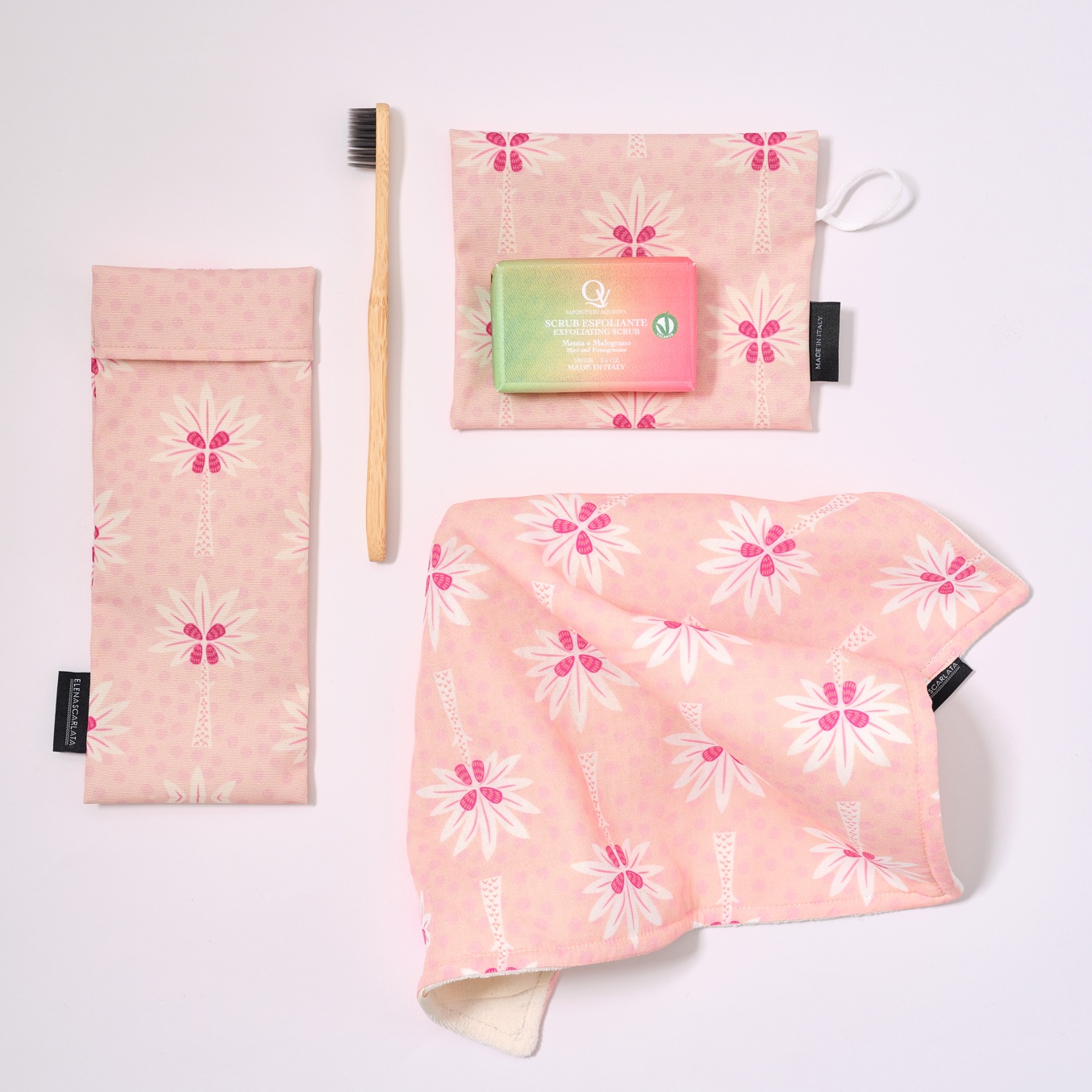 Toothbrush Travel Pouch, Soap Pouch and Face Cloth in Pink Palms Print
