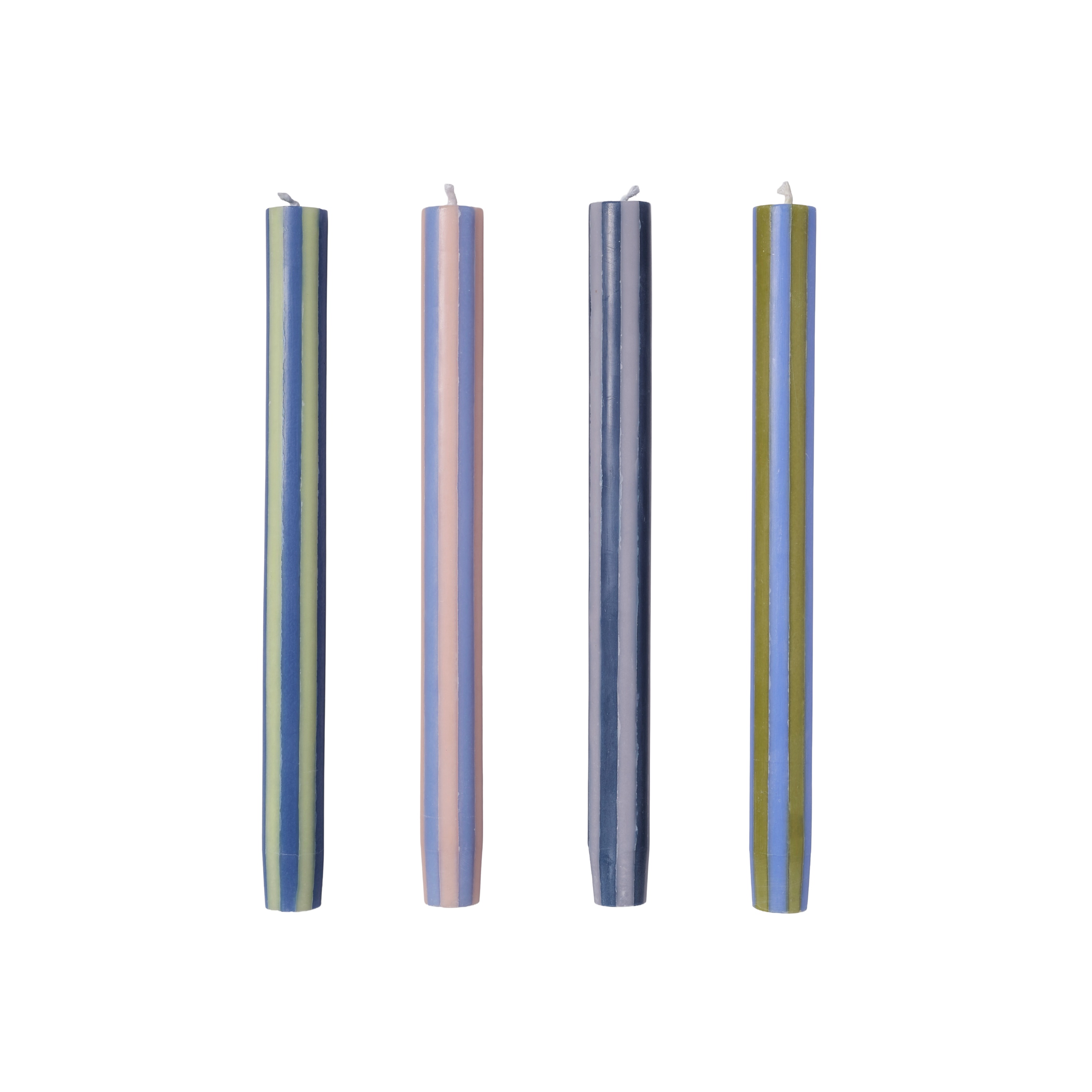 Muted Blues Mixed Striped Dinner Candles (Set of Four)