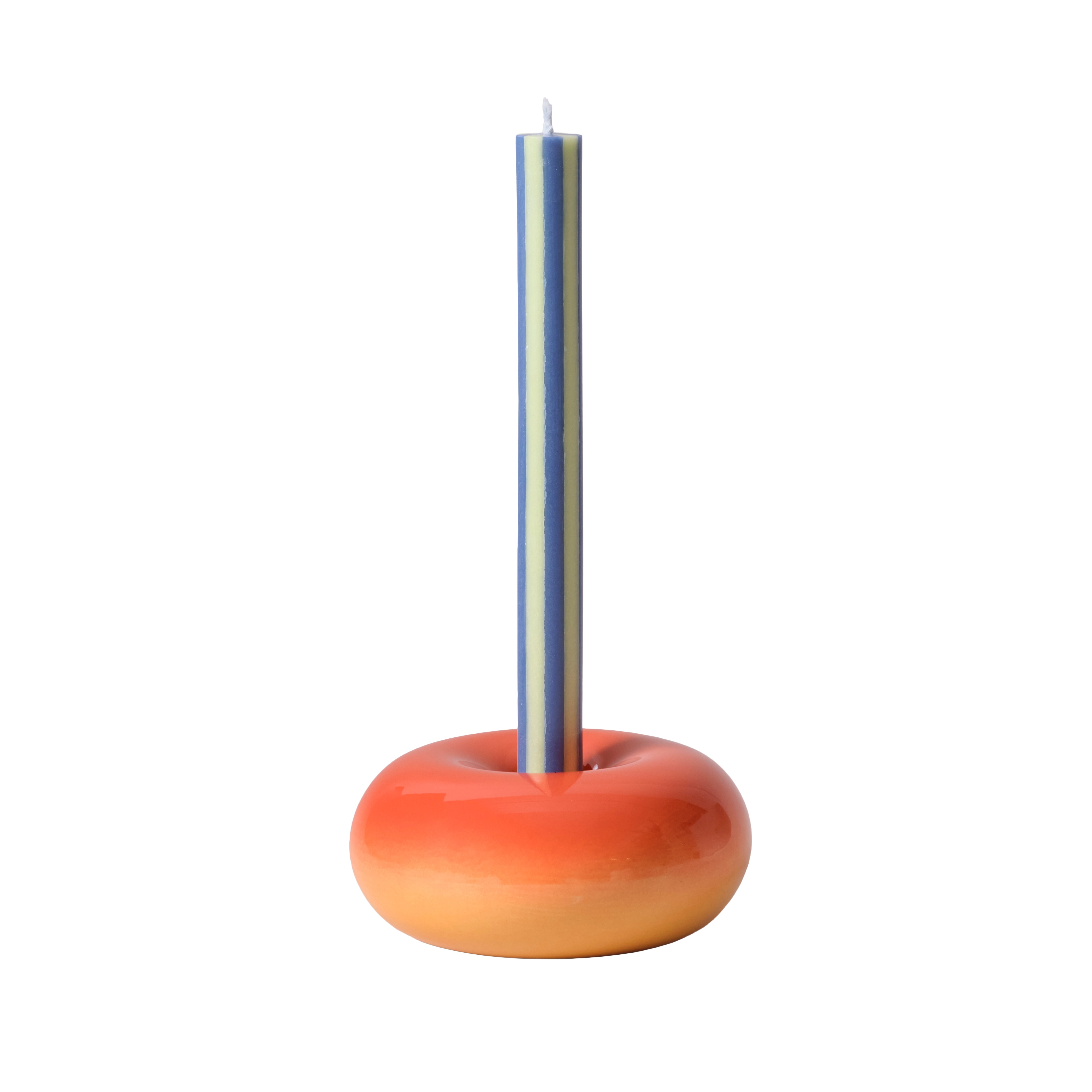 Donut Ceramic Candle Holder in Orange & Muted Blues Mixed Striped Dinner Candles (Set of Four)