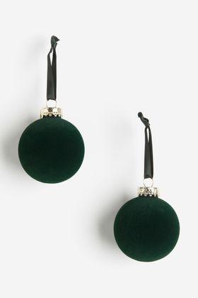 H&M Home, 2 Pack Flocked Baubles In Dark Green £4.99