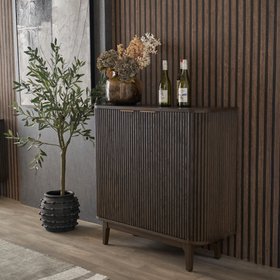 Reya Dark Brown Ribbed Oak Wood Bar Cabinet
