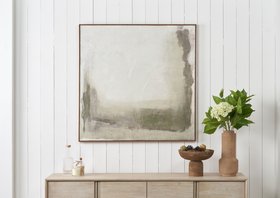 Vika Green and Natural Abstract Square Hessian Canvas with Oak Effect Frame
