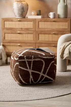 Indoor Outdoor Chocolate Brown and White Abstract Swirl Design Pouffe