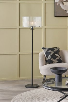 Athena Ribbed Glass Black Metal Round Floor Lamp