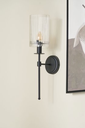 Athena Ribbed Glass Black Metal Cylinder Wall Light