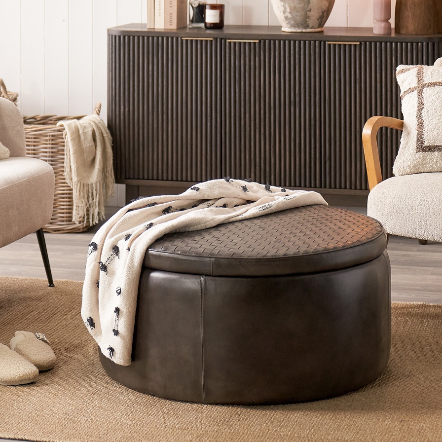Luis Peppercorn Leather Storage Pouffe