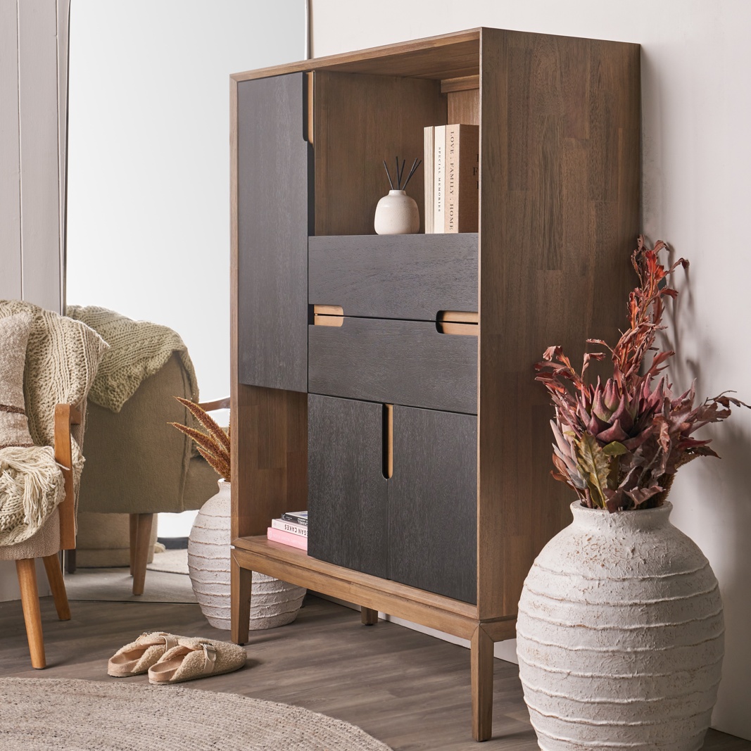 Giovanna Black and Natural Acacia Wood Shelf Cabinet