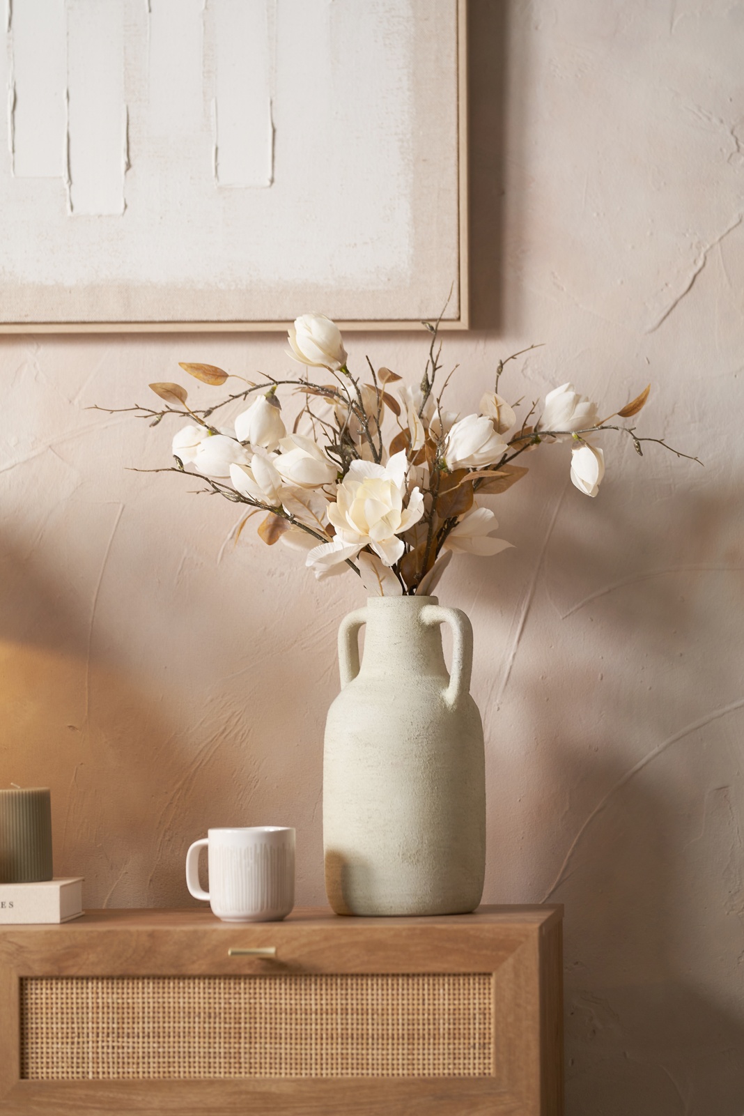 Amos White Textured Terracotta Decorative Vase with Handles Large