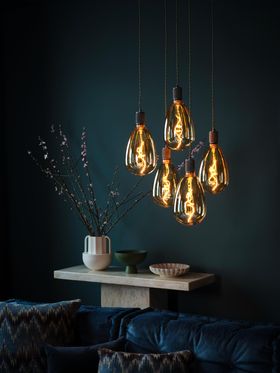 Industville, Giant LED Soft Filament Dimmable Bulb S173 Amber, Knurled Edison Pendant Light (Holder) Black