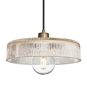 Industville, Albany Glass Ribbed Dish Pendant Light   12 Inch   Clear   Brass Holder,