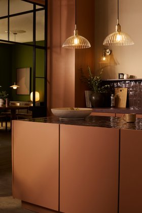 Industville, Noho Glass Ribbed Dome Pendant Light, Noho Glass Funnel Swan Neck Wall Light, Bloxham Table Lamp, Alabaster Slope Pendant Light