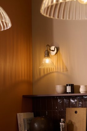 Industville, Noho Glass Funnel Swan Neck Wall Light   7 Inch   Clear   Brass Holder