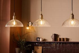 Industville, Noho Glass Ribbed Dome Pendant Light   12 Inch   Clear   Brass Holder, Noho Glass Funnel Swan Neck Wall Light   7 Inch   Clear   Brass Holder