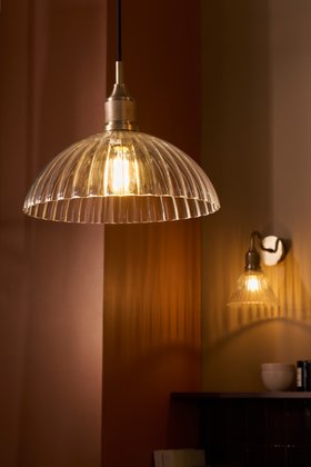 Industville, Noho Glass Ribbed Dome Pendant Light   12 Inch   Clear   Brass Holder, Noho Glass Funnel Swan Neck Wall Light   7 Inch   Clear   Brass Holder