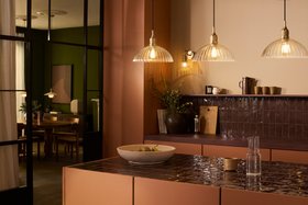 Industville, Noho Glass Ribbed Dome Pendant Light, Noho Glass Funnel Swan Neck Wall Light, Bloxham Table Lamp, Alabaster Slope Pendant Light