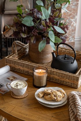 Winter Coffee Table with Cast Iron Teapot and Hot Drink