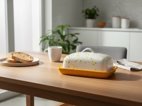 Stoneware Butter Dish with White Lid Yellow Spots