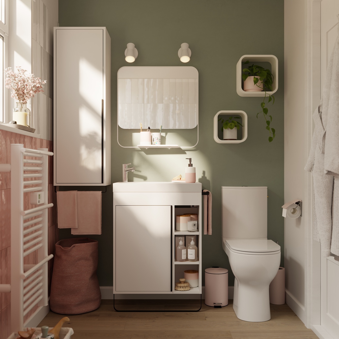 Meuble sous vasque faible profondeur à poser avec porte-serviettes l.65 x H.82 x P.36 cm, blanc, GoodHome Maza