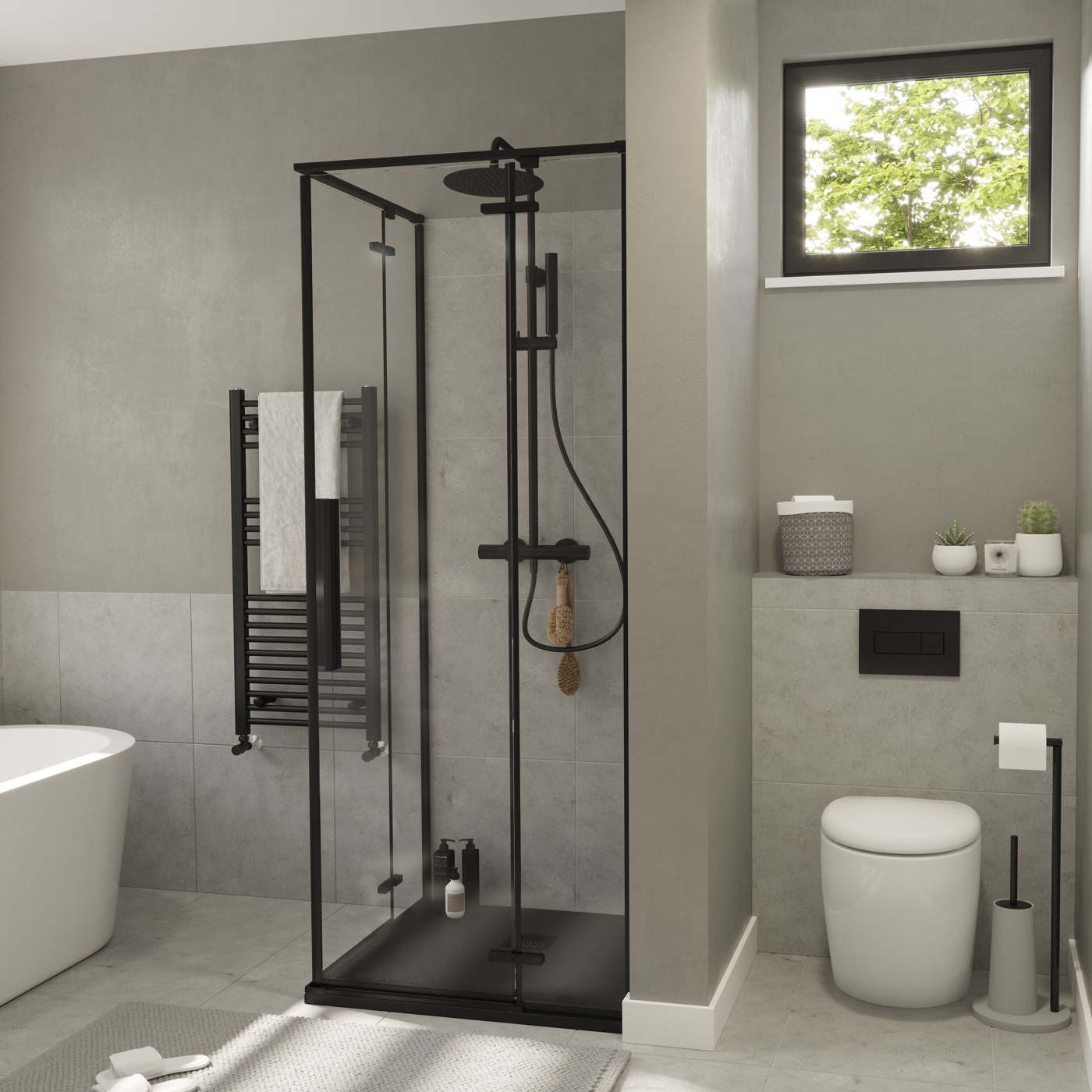 Colonne de douche thermostatique avec pommeau, douchette 2 jets, flexible, barre réglable, noir, GoodHome Levanna
