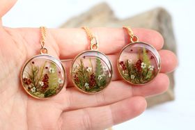 Gold Enchanted Forest necklace With Real Moss, Ferns And Flowers