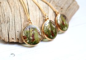 Gold Enchanted Forest necklace With Real Moss, Ferns And Flowers