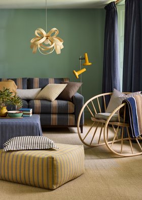 Ian Mankin Beacons Collection Blue Striped Sitting Room With Mustard Accent
