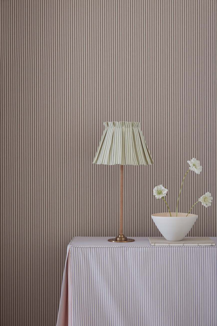 Ian Mankin Ticking Stripe Pink Tablecloth, Brown Fabric Wall And Rustic IvoryLampshade
