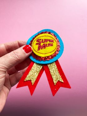 Super Mum Mothers Day Badge Rosette Red and gold glitter with Blue felt