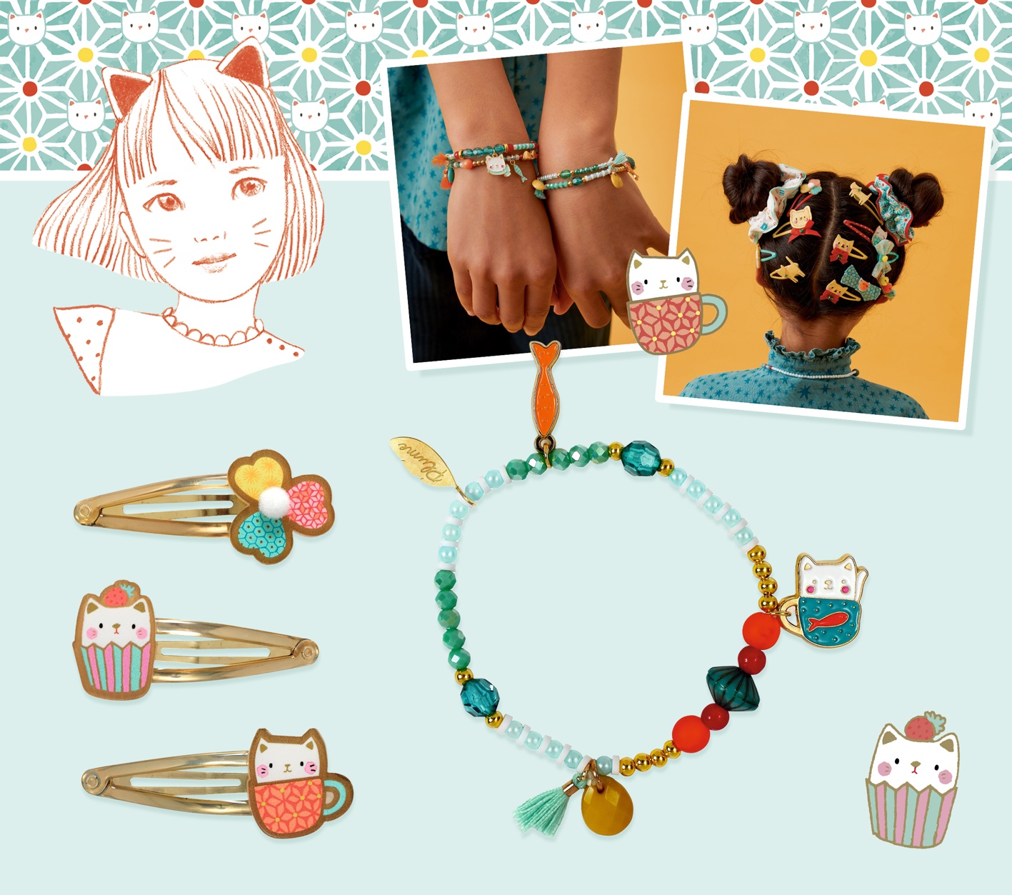 Djeco - CAT COLLECTION - PLUME - Mia necklace + Yoko Hair clips