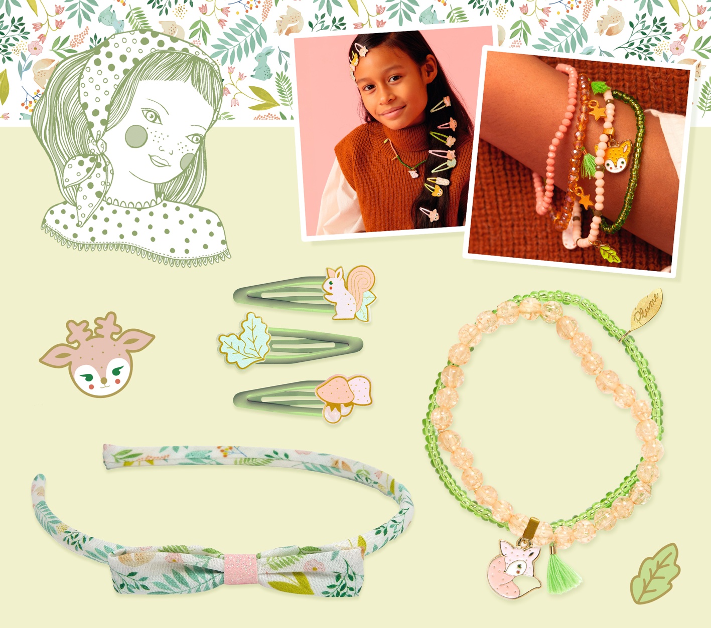 Djeco - FORET COLLECTION - PLUME - Chloe Headband + Hyacinthe Hair Clips + Myrtiille Bracelet
